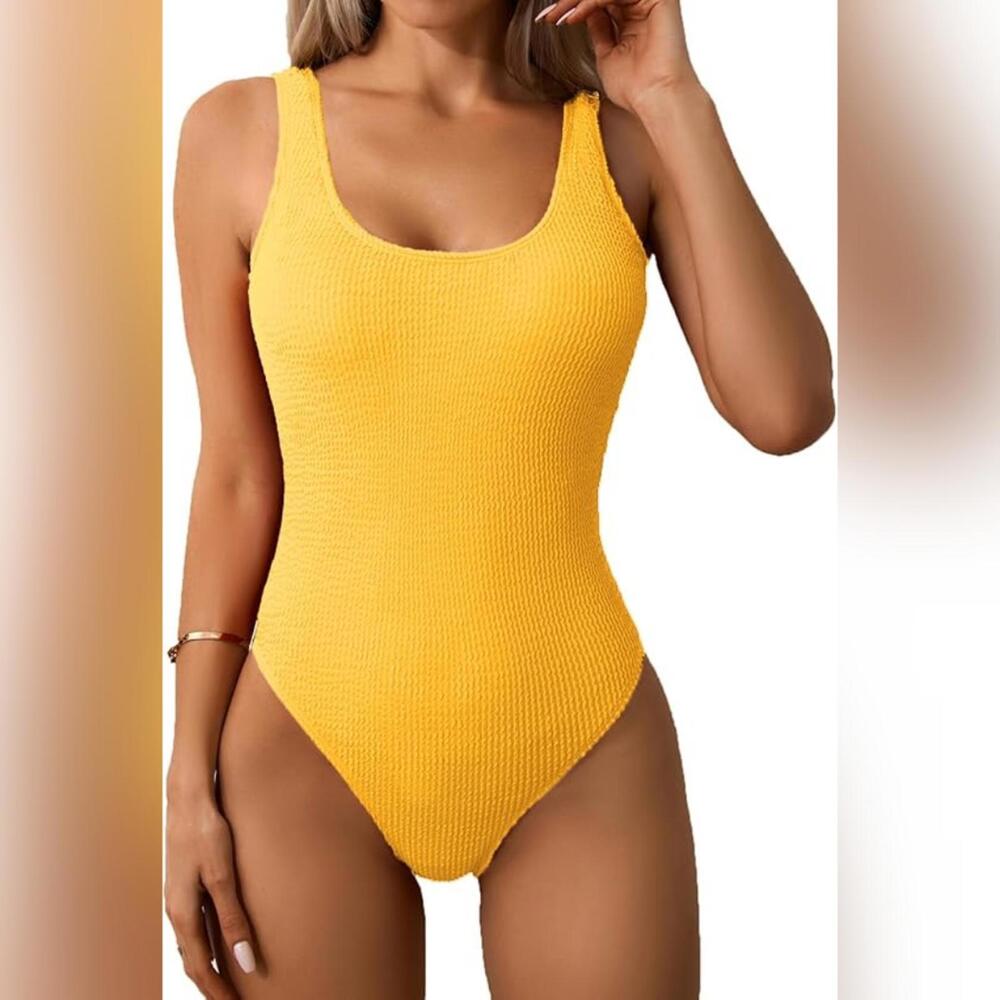 NWT Limeeke One Piece Solid Ribbed Scoop Neck Low Back Monokini Swimsuit, Large